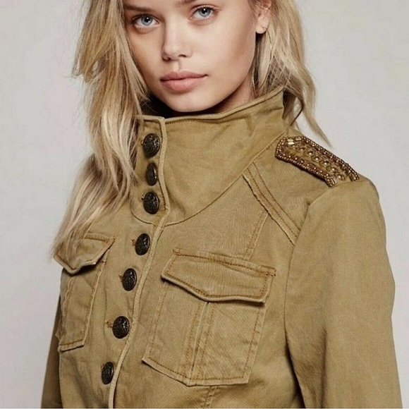 Free People Military Jacket Shrunken Officer Gold Beaded Epaulettes Size S - Picture 11 of 13